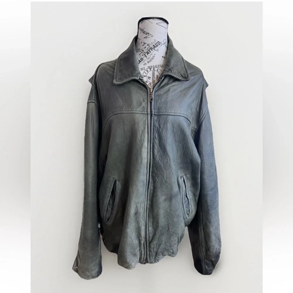 vintage 90s Y2K Wilsons olive green distressed bomber leather jacket * Flaws - Picture 5 of 16